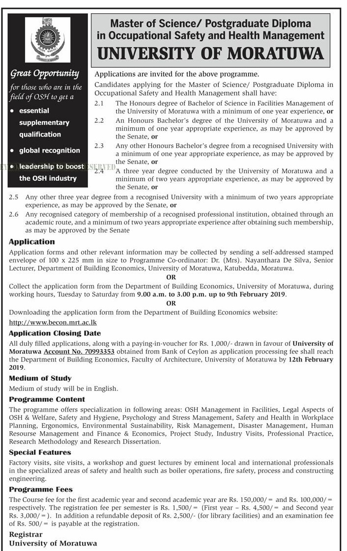 Master of Science / Postgraduate Diploma in Occupational Safety & Health Management - University of Moratuwa